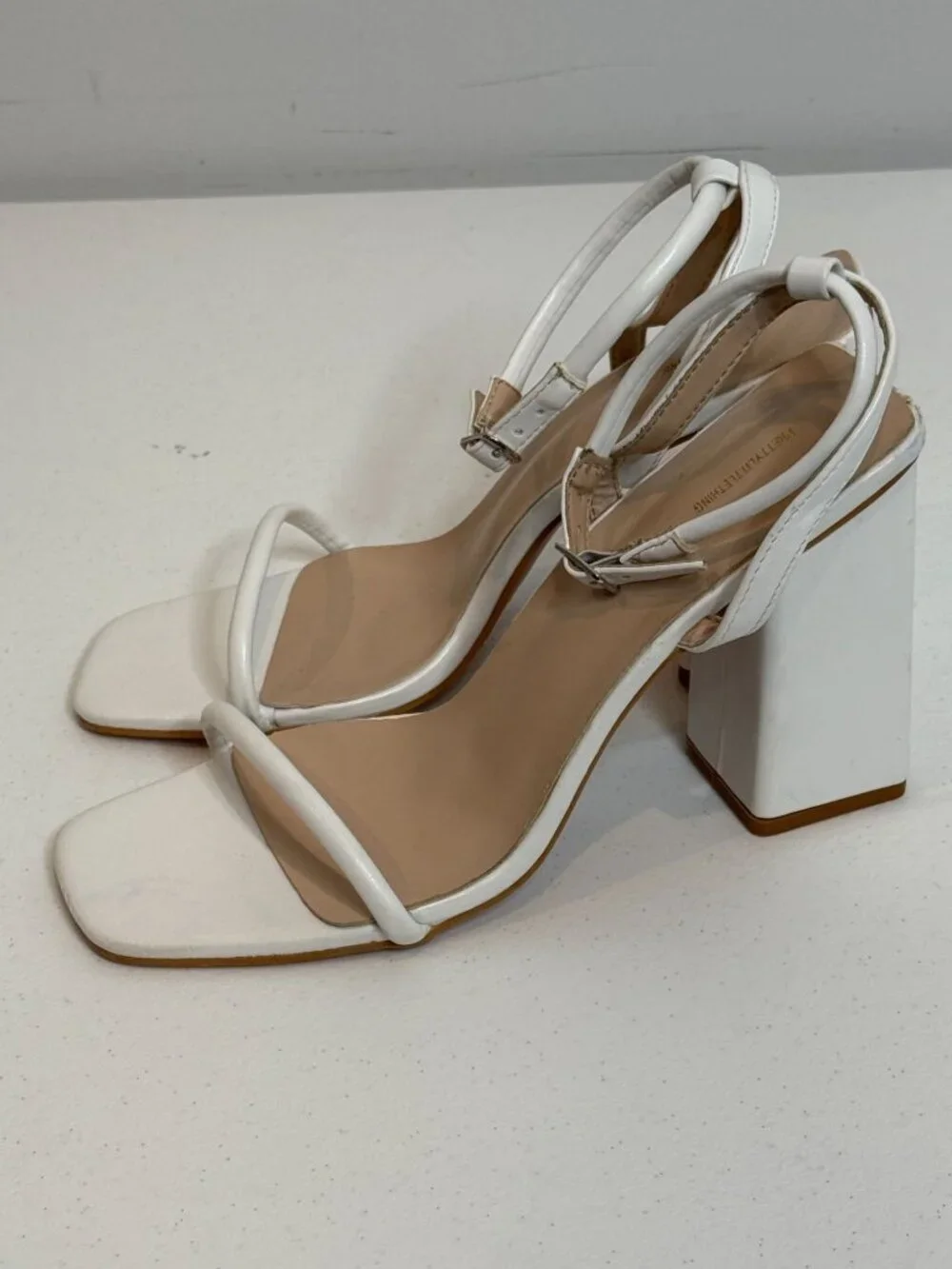 PrettyLittleThing Women's White Strappy Block Heel Sandals Square Toe Size 9